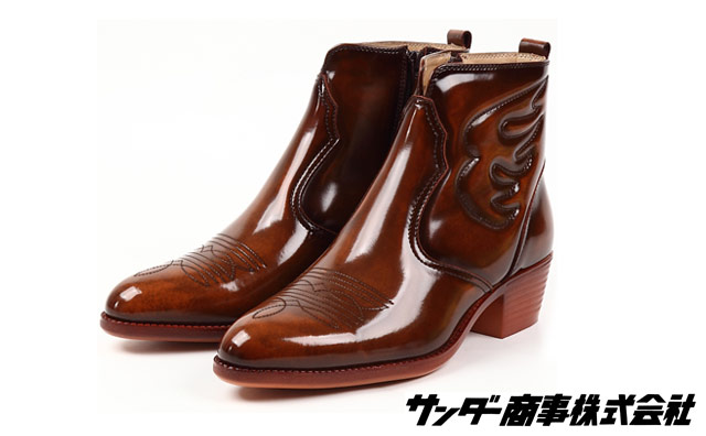 本革 ウエスタンブーツ ショート メンズ レディース ポインテッド サイドジップ 3E 撥水